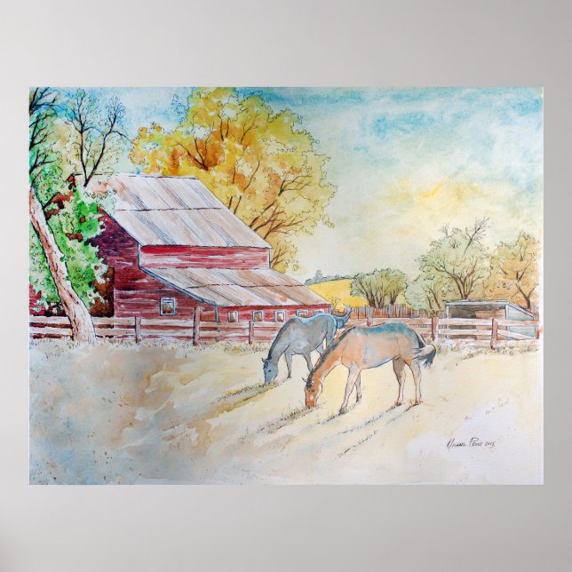 Red Barn and Horses in Pasture Poster (Front)