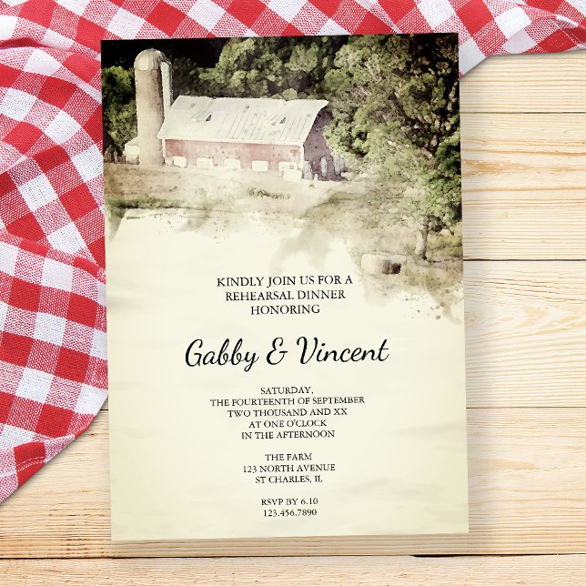 Red Barn and Silo Farm Watercolor Rehearsal Dinner Invitation (Creator Uploaded)