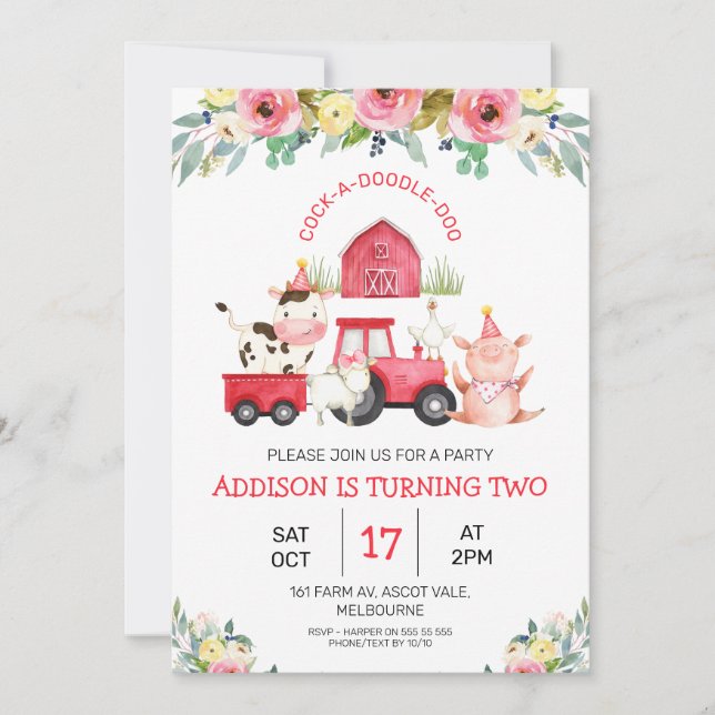Red Barn and Tractor Floral Farm Birthday Invitation (Front)