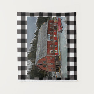 Red Barn and Truck on Plaid Tapestry