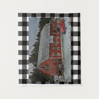 Red Barn and Truck on Plaid Tapestry