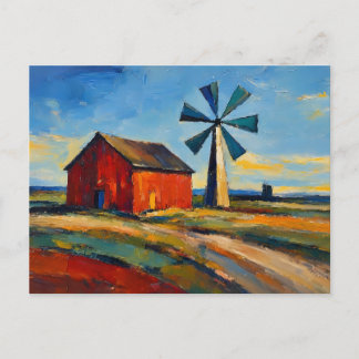 Red Barn and Windmill Abstract art painting Postcard