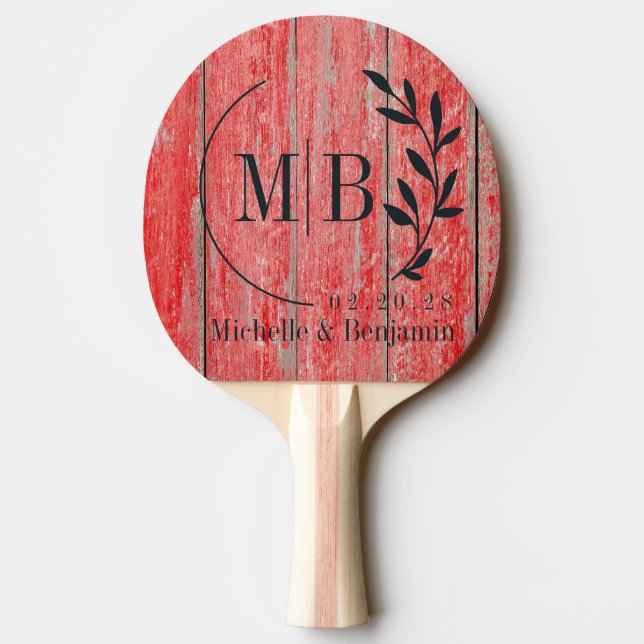 Red Barn Boards Leaf Wedding Monogram Ping Pong Paddle (Back)