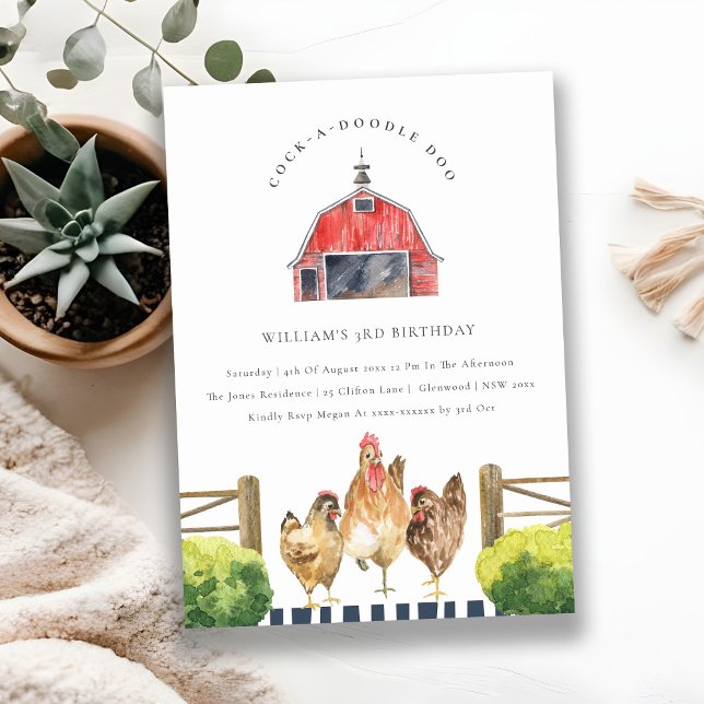 Red Barn Chicken Farm Watercolor Birthday Invite (Creator Uploaded)