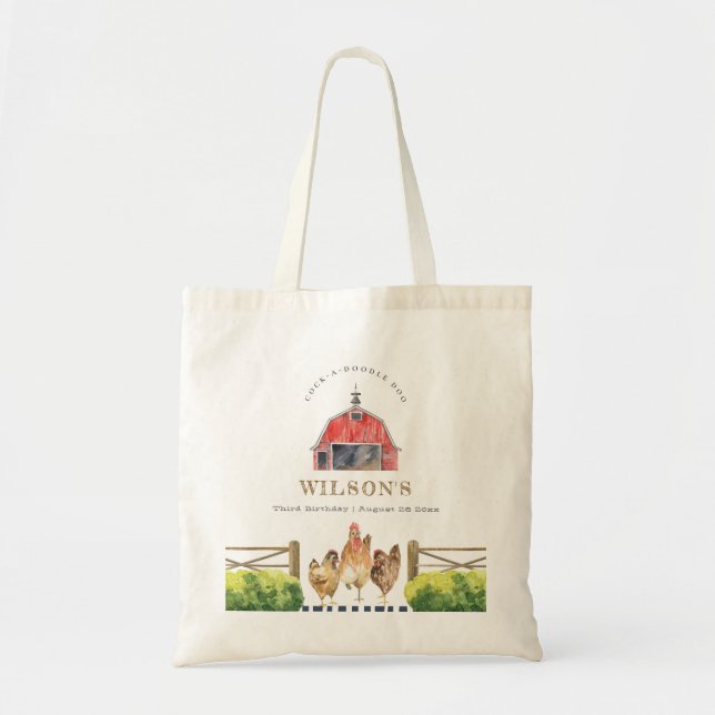 Red Barn Chicken Farm Watercolor Kids Birthday Tote Bag (Front)