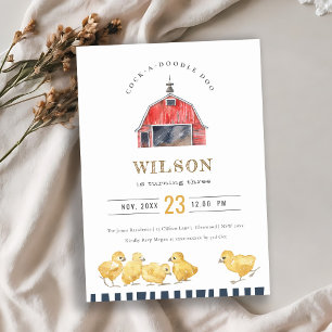 Red Barn Chicks Farm Watercolor Birthday Invite