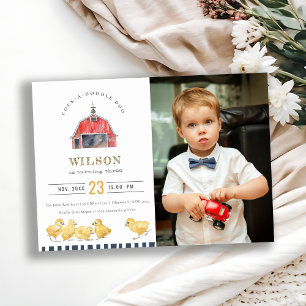 Red Barn Chicks Watercolor Photo Birthday Invite