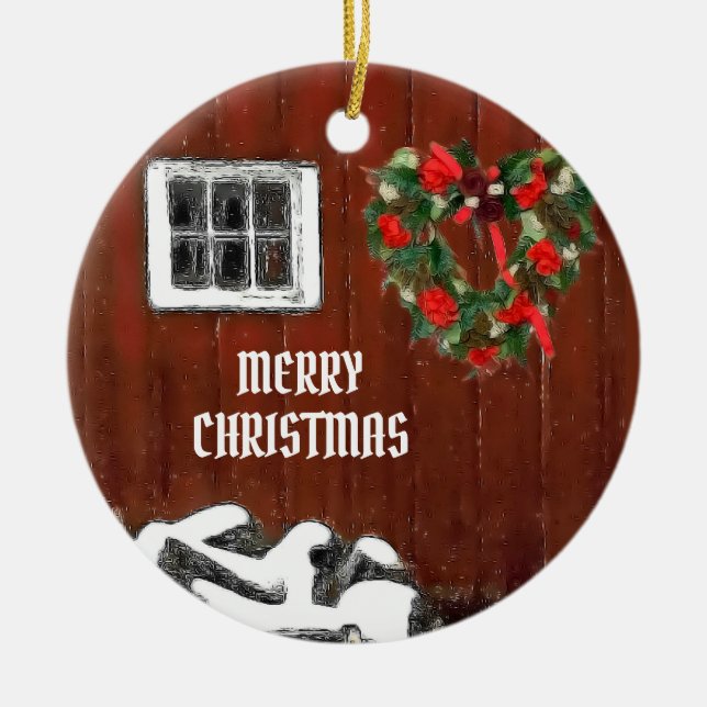 Red Barn Christmas Ceramic Ornament (Front)