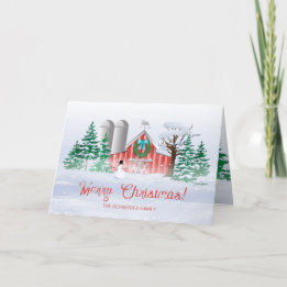 Red Barn Christmas Wreath Snowman Holiday Card