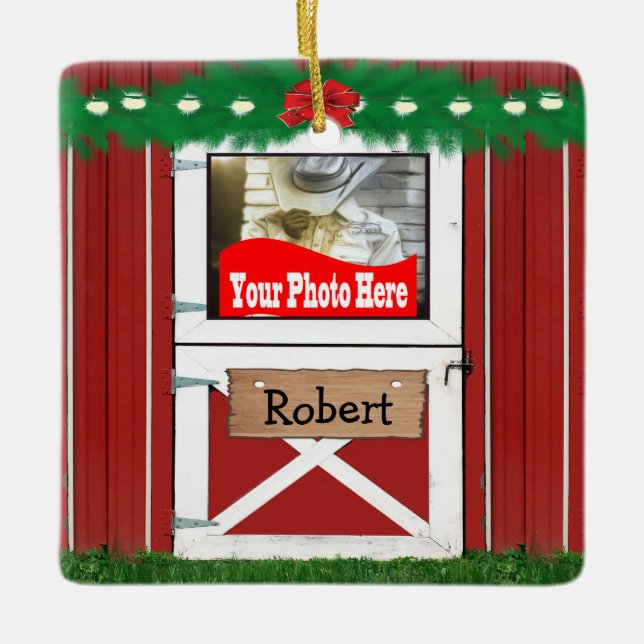 Red Barn Custom 2 Photo Christmas Ornament (Front)