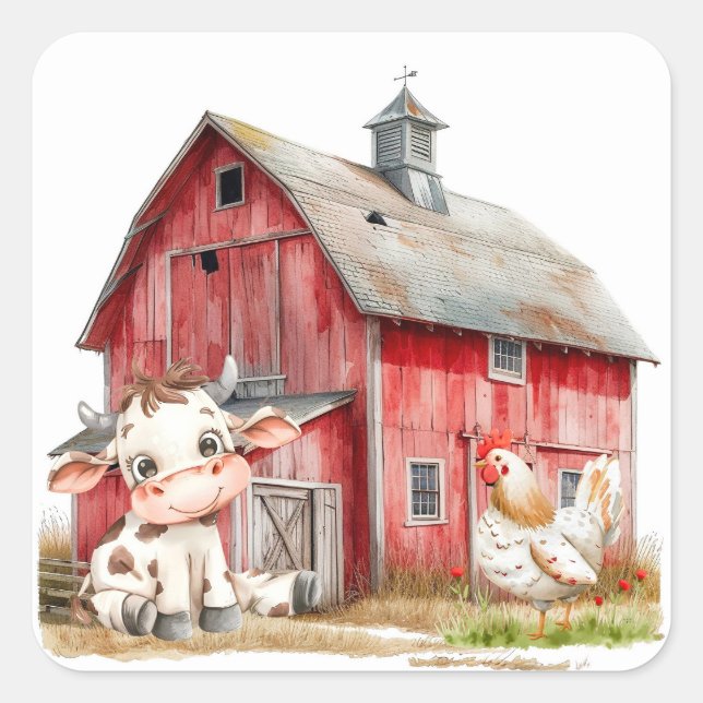 Red Barn Cute Cow and Chicken Boy Birthday Party Square Sticker (Front)