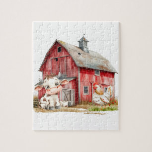 Red Barn Cute Cow Chicken Boy Birthday Party Gift Jigsaw Puzzle