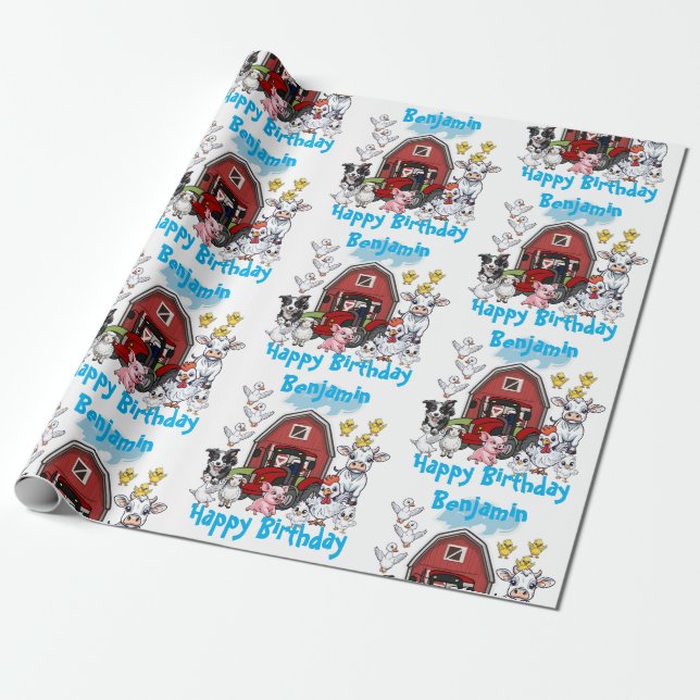 Red Barn Cute Farm Animals Birthday Gift  Wrapping Paper (Unrolled)