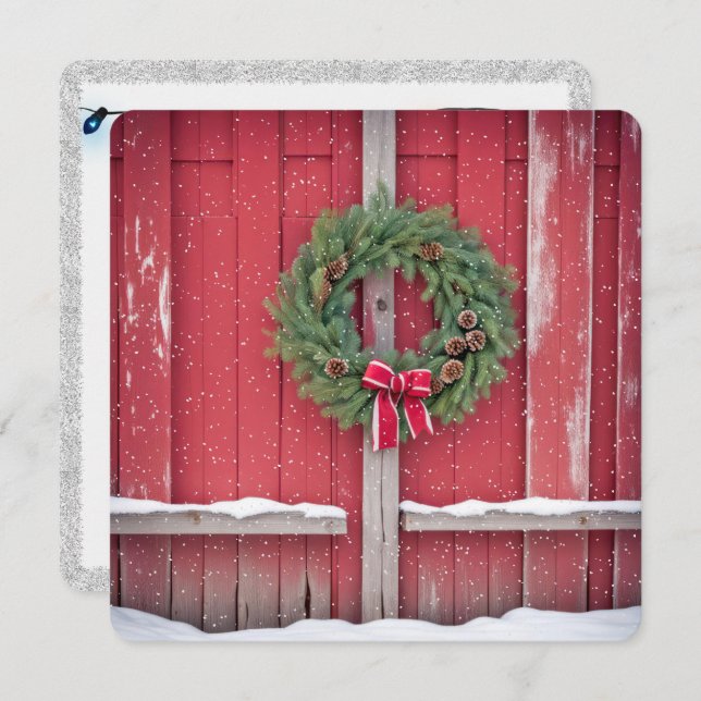 Red Barn Door With Christmas Wreath In Snowflakes Holiday Card (Front/Back)