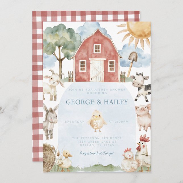 Red Barn Farm Animal Baby Shower Invitation (Front/Back)