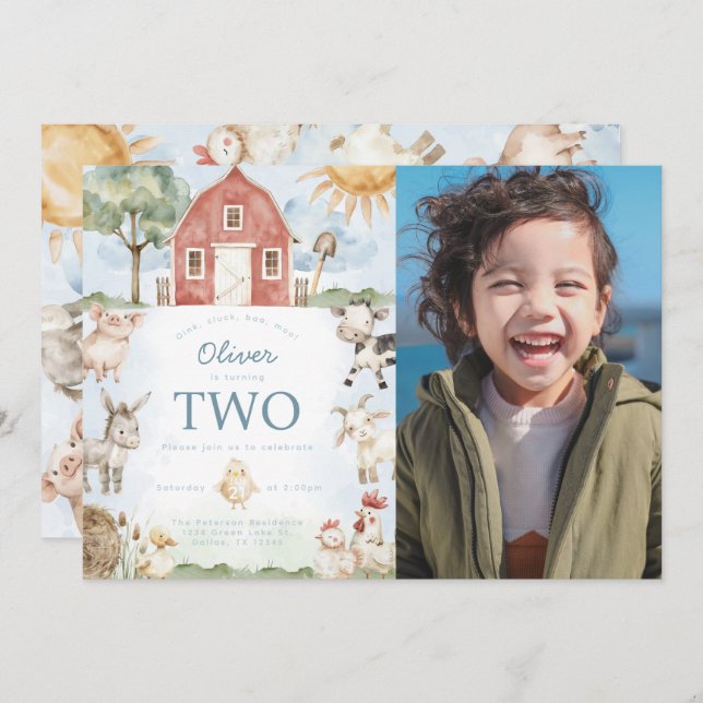 Red Barn Farm Animal Birthday Party Invitation (Front/Back)