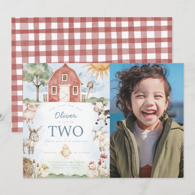 Red Barn Farm Animal Birthday Party Invitation (Front/Back)