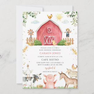 Red Barn Farm Animals Baby Shower Invitation