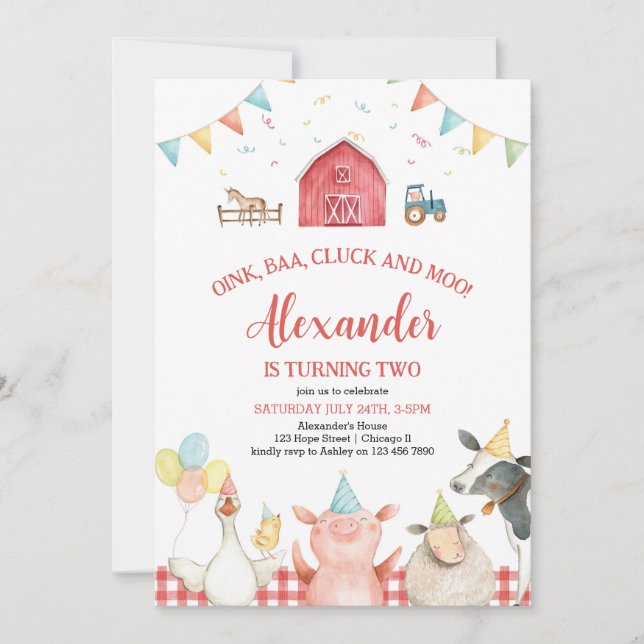 Red Barn Farm Animals Barnyard Birthday Invitation (Front)
