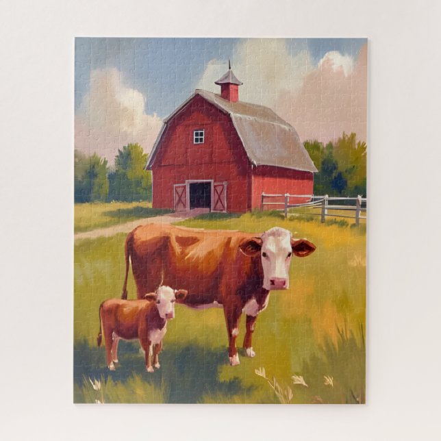 Red Barn Farm Animals Cow Painting Jigsaw Puzzle (Vertical)