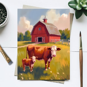 Red Barn Farm Animals Cow Painting Postcard