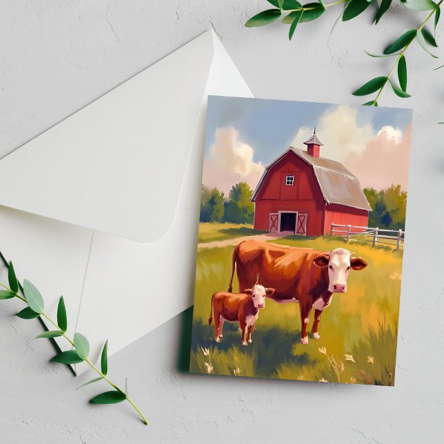 Red Barn Farm Animals Cow Painting Postcard (Creator Uploaded)