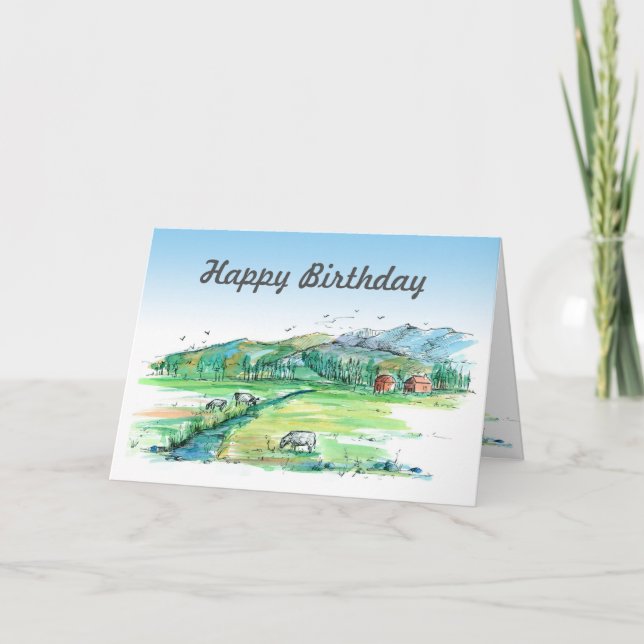 Red Barn Farm Cows Watercolor Happy Birthday Card (Front)