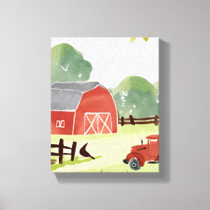 Red Barn Farm Watercolor Tractor Painting Canvas Print