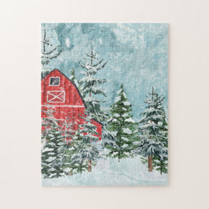 Red Barn Fir Trees Snow Winter Scene Jigsaw Puzzle