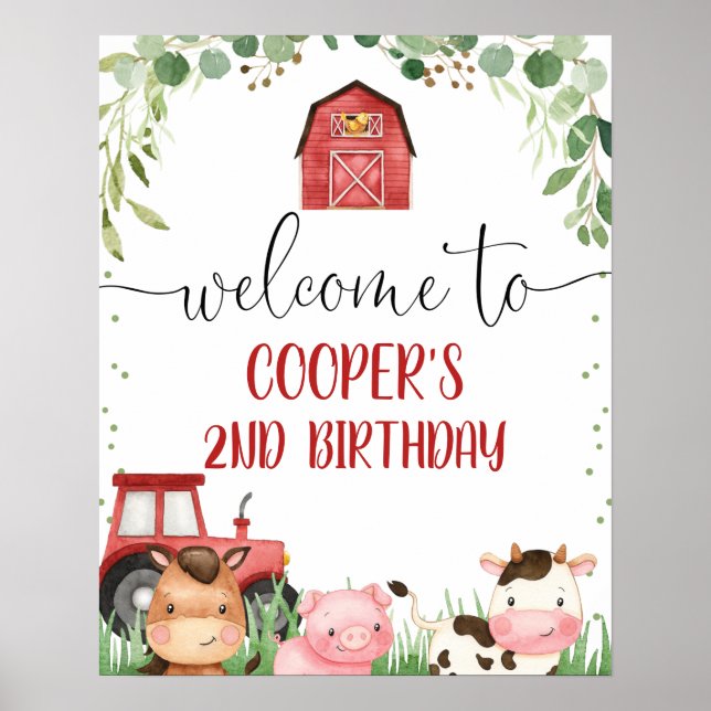  Red Barn Foliage Farm Animals Birthday Welcome  Poster (Front)