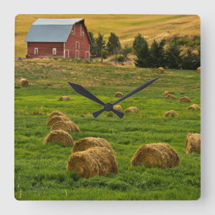 Red Barn, hay bales, Albion, Palouse Area 2 Square Wall Clock
