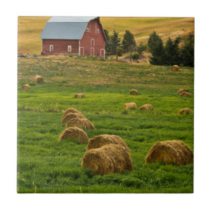 Red Barn, hay bales, Albion, Palouse Area 2 Tile