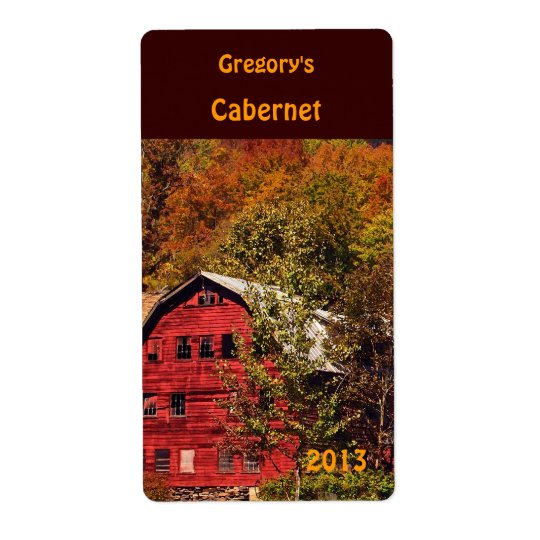 Red Barn in Autumn Wine Label Shipping Label