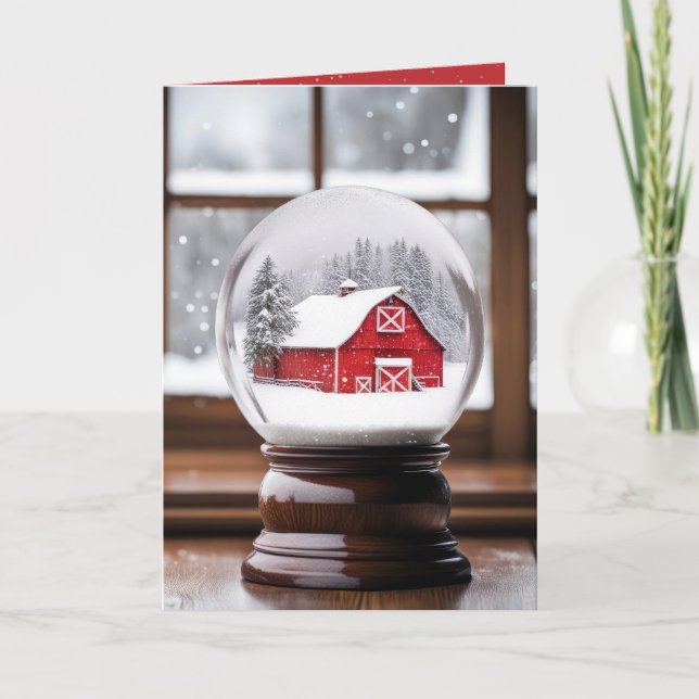 Red Barn In Christmas Snow Globe Holiday Card (Front)