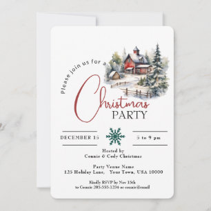 RED BARN IN SNOW, CHRISTMAS PARTY INVITATION
