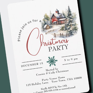 RED BARN IN SNOW, CHRISTMAS PARTY INVITATION