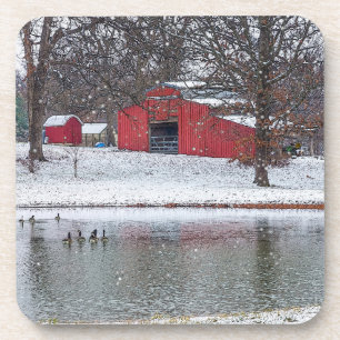 Red Barn In Snow Painterly Coaster