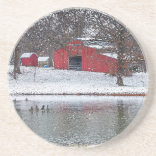 Red Barn In Snow Painterly Coaster