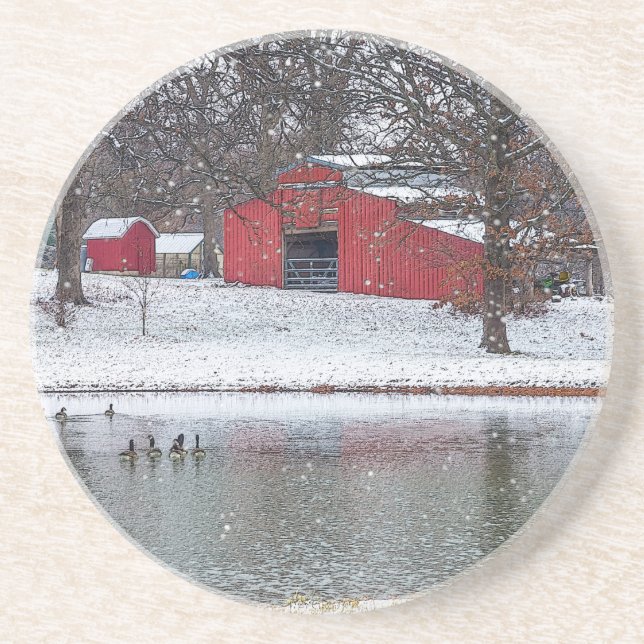 Red Barn In Snow Painterly Coaster (Front)