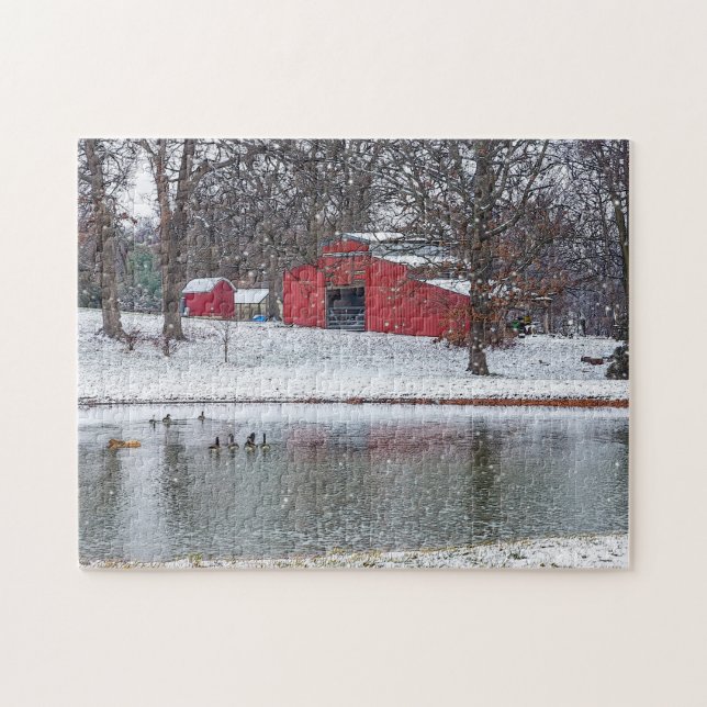 Red Barn In Snow Painterly Jigsaw Puzzle (Horizontal)