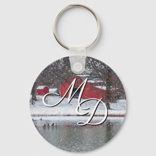 Red Barn In Snow Painterly Keychain