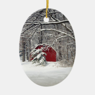 Red Barn in the Snow 2011 Ceramic Tree Decoration