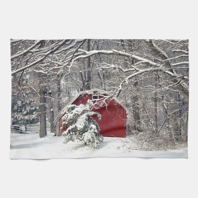 Red Barn in the Snow 2011 Tea Towel (Horizontal)