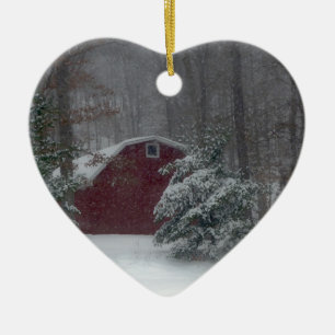 Red Barn in the Snow Ceramic Tree Decoration