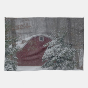 Red Barn in the Snow Tea Towel