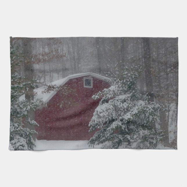 Red Barn in the Snow Tea Towel (Horizontal)