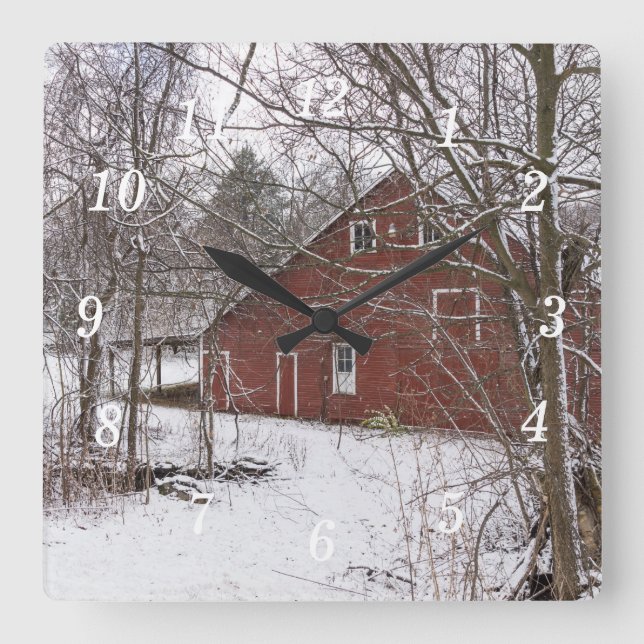 Red Barn In The Snow Wall Clock (Front)