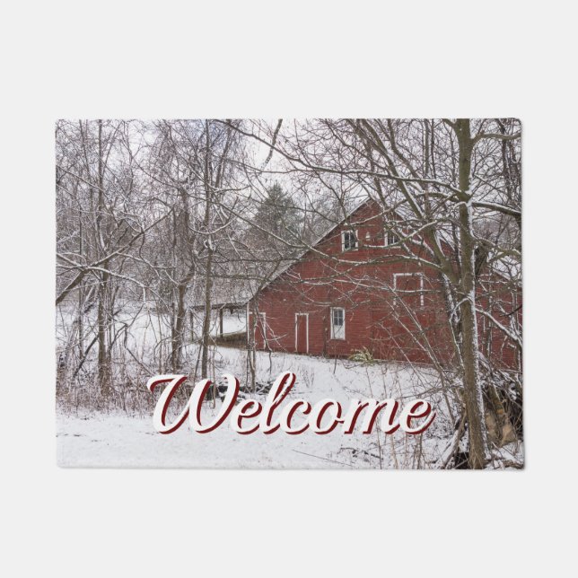 Red Barn In The Snow Welcome Doormat (Front)
