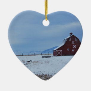 Red Barn in the Winter Rocky Mountains Ceramic Ornament