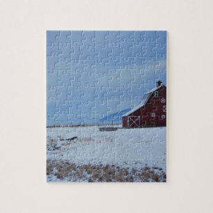 Red Barn in the Winter Rocky Mountains Jigsaw Puzzle